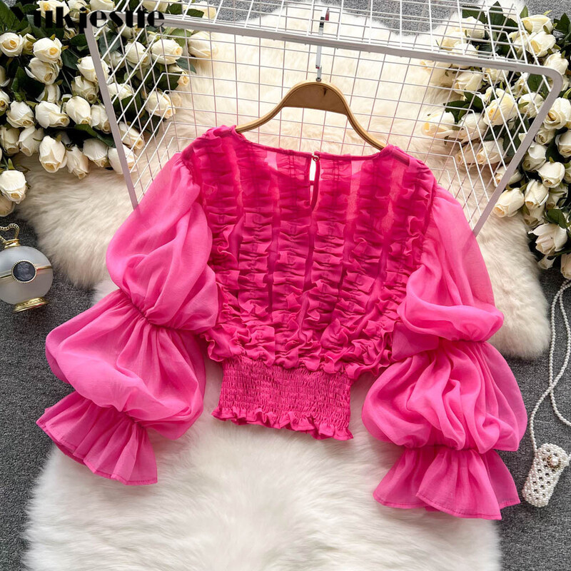 2022. gada pavasara vasaras modes vintage apdrukas piedurknes, volāni, masīvi sieviešu blūzes, korejiešu stila topi, eleganti, elastīgi, plāni apgriezti