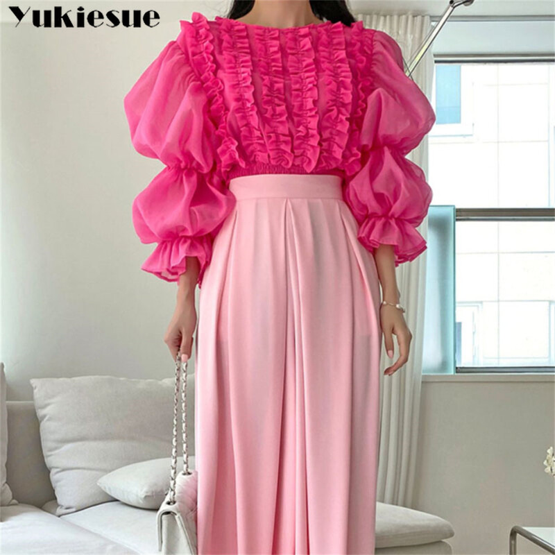 2022. gada pavasara vasaras modes vintage apdrukas piedurknes, volāni, masīvi sieviešu blūzes, korejiešu stila topi, eleganti, elastīgi, plāni apgriezti