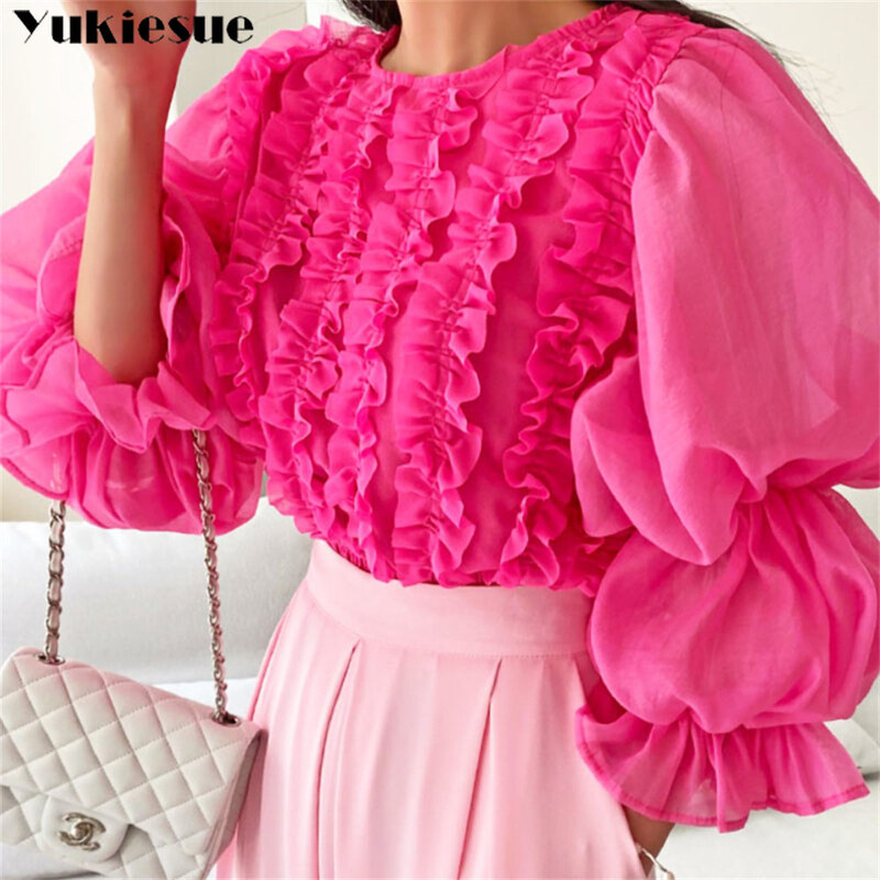 2022. gada pavasara vasaras modes vintage apdrukas piedurknes, volāni, masīvi sieviešu blūzes, korejiešu stila topi, eleganti, elastīgi, plāni apgriezti