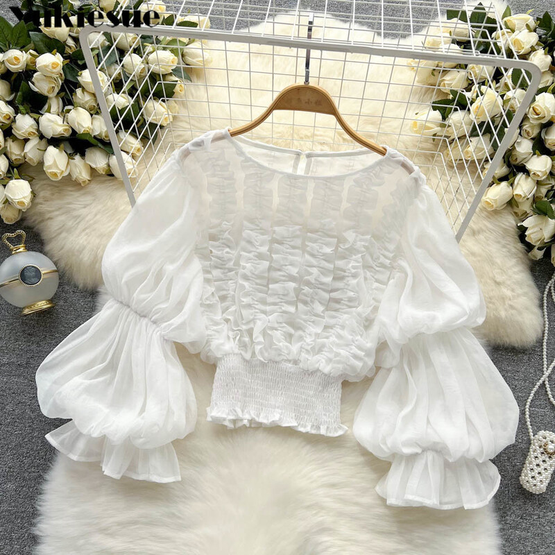 2022. gada pavasara vasaras modes vintage apdrukas piedurknes, volāni, masīvi sieviešu blūzes, korejiešu stila topi, eleganti, elastīgi, plāni apgriezti