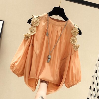 Sieviešu krekls ar aplikācijām korejiešu stilā, brīvs no pleciem, vasaras ikdienišķs, vienkrāsains blūze ar 3/4 piedurknēm Sieviešu apģērbs