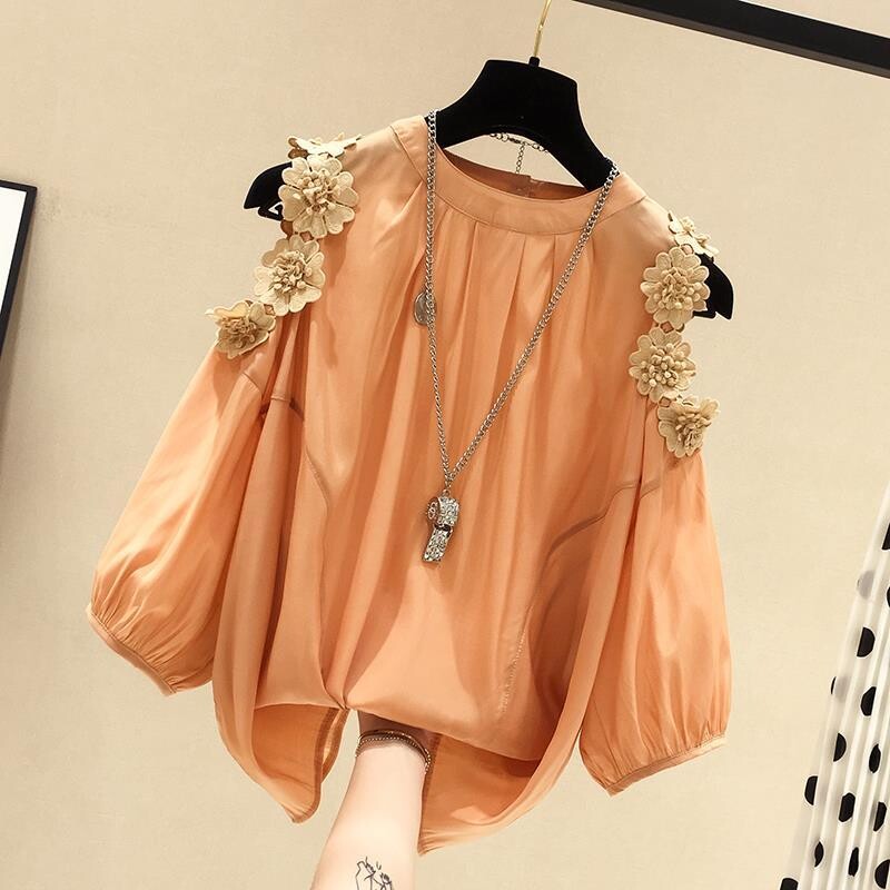 Sieviešu krekls ar aplikācijām korejiešu stilā, brīvs no pleciem, vasaras ikdienišķs, vienkrāsains blūze ar 3/4 piedurknēm Sieviešu apģērbs