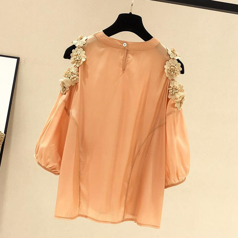 Sieviešu krekls ar aplikācijām korejiešu stilā, brīvs no pleciem, vasaras ikdienišķs, vienkrāsains blūze ar 3/4 piedurknēm Sieviešu apģērbs