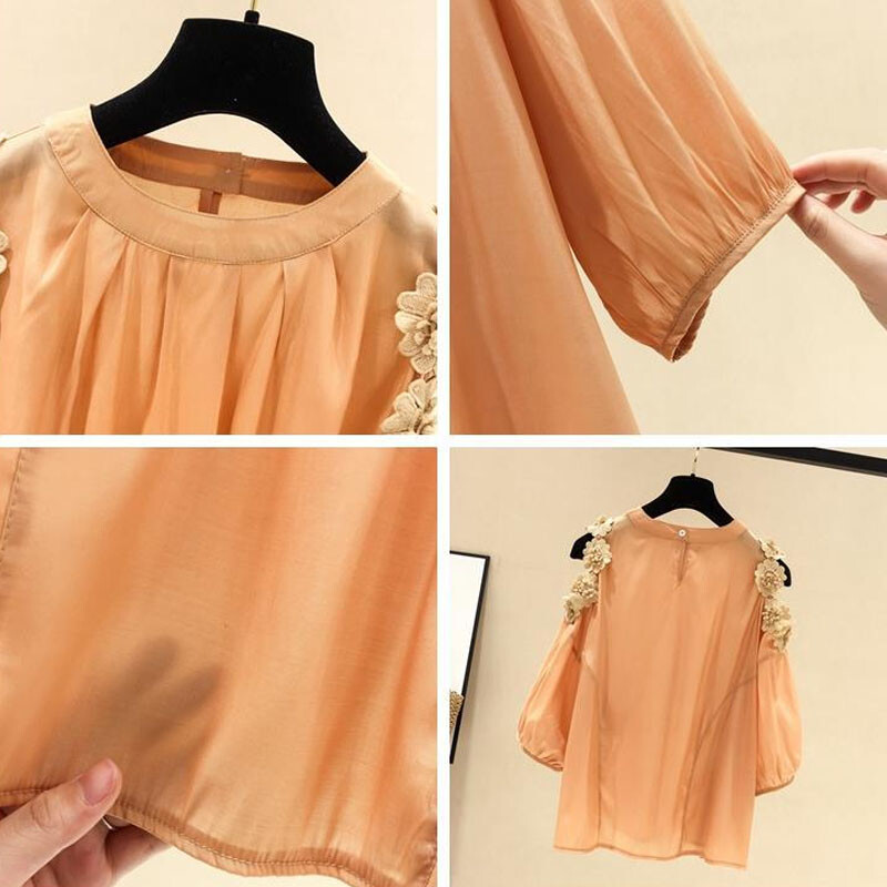 Sieviešu krekls ar aplikācijām korejiešu stilā, brīvs no pleciem, vasaras ikdienišķs, vienkrāsains blūze ar 3/4 piedurknēm Sieviešu apģērbs