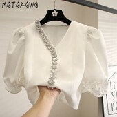 Matakawa Puff Sleeve Moteriški marškiniai su karoliukais pūstomis rankovėmis Solidūs senoviniai vasariniai palaidinės Elegantiškos trumpos V kaklo, mielos Blusas Mujer