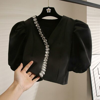 Matakawa Puff Sleeve Moteriški marškiniai su karoliukais pūstomis rankovėmis Solidūs senoviniai vasariniai palaidinės Elegantiškos trumpos V kaklo, mielos Blusas Mujer