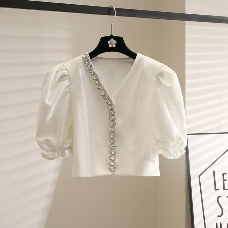 Matakawa Puff Sleeve Moteriški marškiniai su karoliukais pūstomis rankovėmis Solidūs senoviniai vasariniai palaidinės Elegantiškos trumpos V kaklo, mielos Blusas Mujer