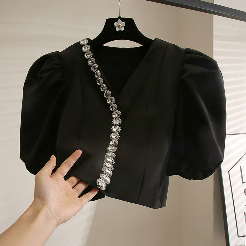 Matakawa Puff Sleeve Moteriški marškiniai su karoliukais pūstomis rankovėmis Solidūs senoviniai vasariniai palaidinės Elegantiškos trumpos V kaklo, mielos Blusas Mujer