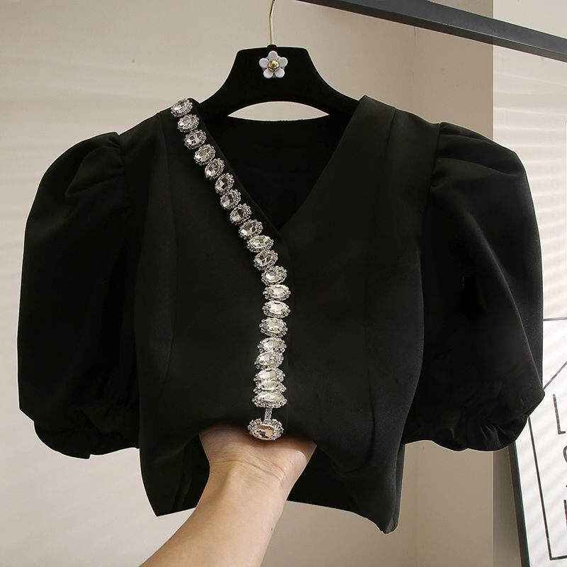 Matakawa Puff Sleeve Moteriški marškiniai su karoliukais pūstomis rankovėmis Solidūs senoviniai vasariniai palaidinės Elegantiškos trumpos V kaklo, mielos Blusas Mujer