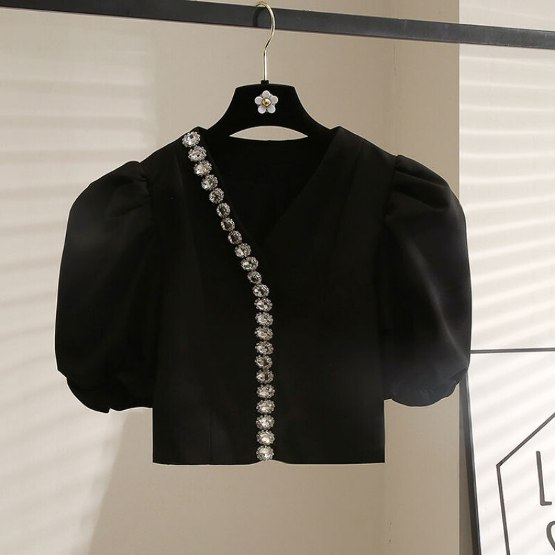 Matakawa Puff Sleeve Moteriški marškiniai su karoliukais pūstomis rankovėmis Solidūs senoviniai vasariniai palaidinės Elegantiškos trumpos V kaklo, mielos Blusas Mujer