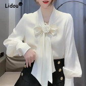 Γυναικεία λουλούδια παπιγιόν Κομψή μπλούζα μόδας Λευκή Business Casual Γυναικεία πουκάμισα μακριά μανίκια φαρδιά κομψά μπλουζάκια σιφόν Blusas