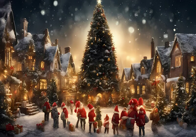 Ziemassvētku vecītis Priecīgus Ziemassvētku vecītis Sniegavīrs ziemas viesistabas koks dāvanu kastītes ballītes noformējums āra fotografēšanas fons