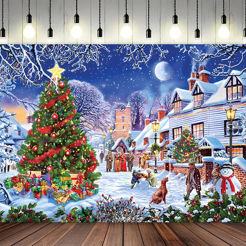 Ziemassvētku vecītis Priecīgus Ziemassvētku vecītis Sniegavīrs ziemas viesistabas koks dāvanu kastītes ballītes noformējums āra fotografēšanas fons