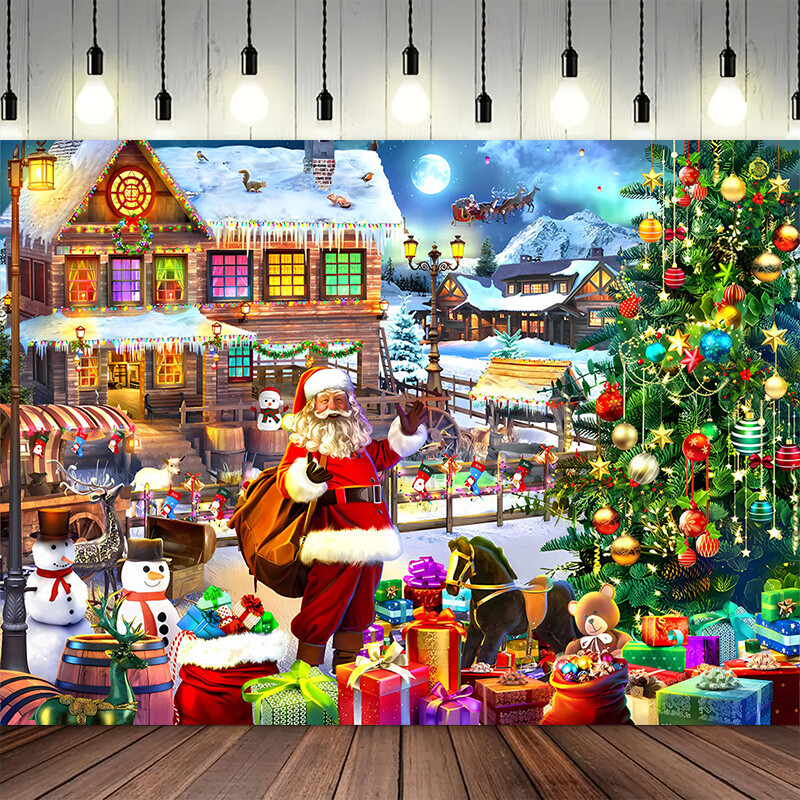 Ziemassvētku vecītis Priecīgus Ziemassvētku vecītis Sniegavīrs ziemas viesistabas koks dāvanu kastītes ballītes noformējums āra fotografēšanas fons