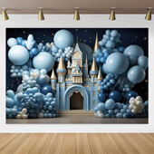 Zilās pils balonu tēma Jaundzimušā bērna 1. dzimšanas dienas pieaugušo ballīte, fons mazuļa vannas kūkas simpātiju fotogrāfija fona dekors