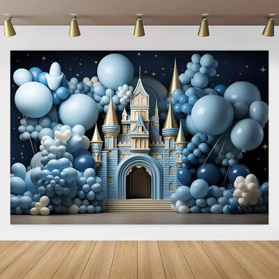 Zilās pils balonu tēma Jaundzimušā bērna 1. dzimšanas dienas pieaugušo ballīte, fons mazuļa vannas kūkas simpātiju fotogrāfija fona dekors