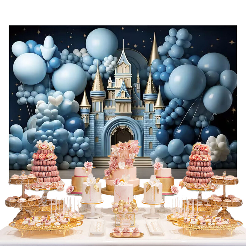 Zilās pils balonu tēma Jaundzimušā bērna 1. dzimšanas dienas pieaugušo ballīte, fons mazuļa vannas kūkas simpātiju fotogrāfija fona dekors