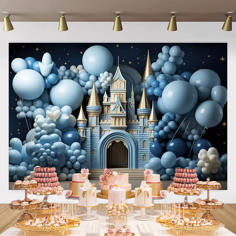 Zilās pils balonu tēma Jaundzimušā bērna 1. dzimšanas dienas pieaugušo ballīte, fons mazuļa vannas kūkas simpātiju fotogrāfija fona dekors