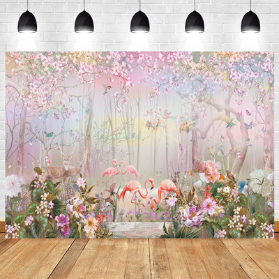 Flamingók egy tündérerdőben témájú születésnapi parti fotózás Vinyl háttér gyerekfotó kellékek gyerekszoba dekorációs kellékek