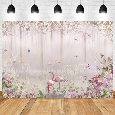Flamingók egy tündérerdőben témájú születésnapi parti fotózás Vinyl háttér gyerekfotó kellékek gyerekszoba dekorációs kellékek