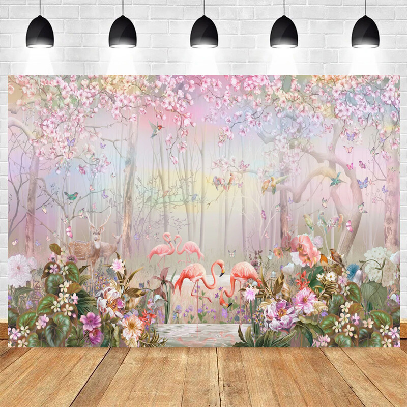 Flamingók egy tündérerdőben témájú születésnapi parti fotózás Vinyl háttér gyerekfotó kellékek gyerekszoba dekorációs kellékek