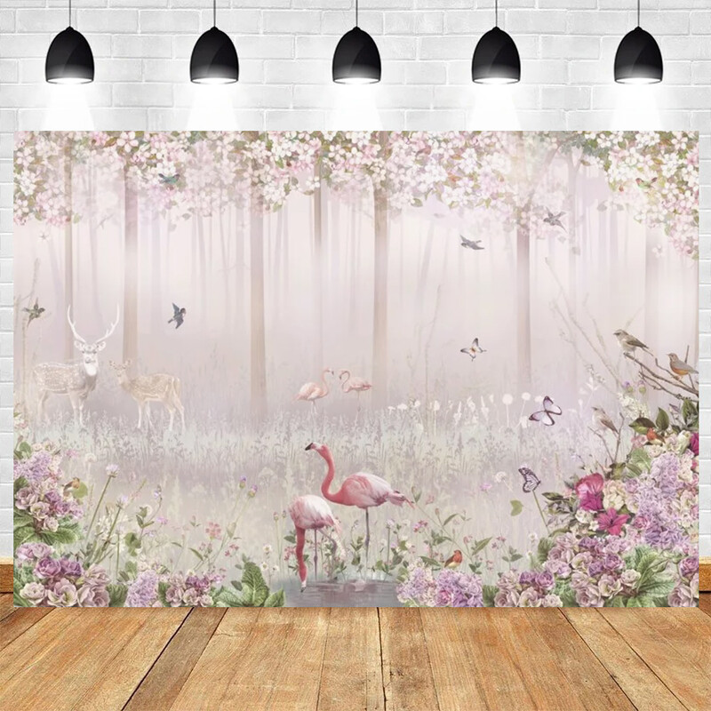 Flamingók egy tündérerdőben témájú születésnapi parti fotózás Vinyl háttér gyerekfotó kellékek gyerekszoba dekorációs kellékek