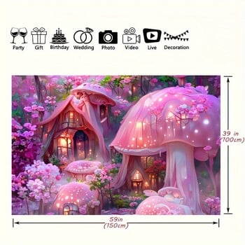 Мечтана приказка Mushroom House фон за фотография плат, розов полиестерен гоблен, рожден ден и фотографско студио