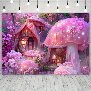 Мечтана приказка Mushroom House фон за фотография плат, розов полиестерен гоблен, рожден ден и фотографско студио