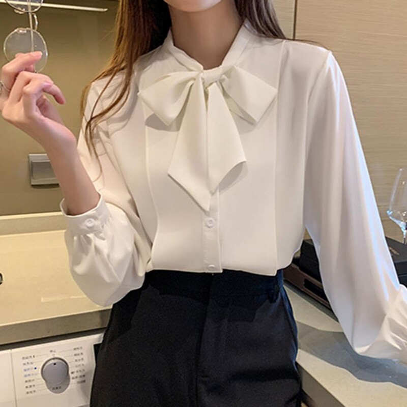 Modes bantes apkakles krekli ar garām piedurknēm Sieviešu Solid Vintage Klasisks Formāls Biznesa Šifona Darba apģērbs Mujer Jauns