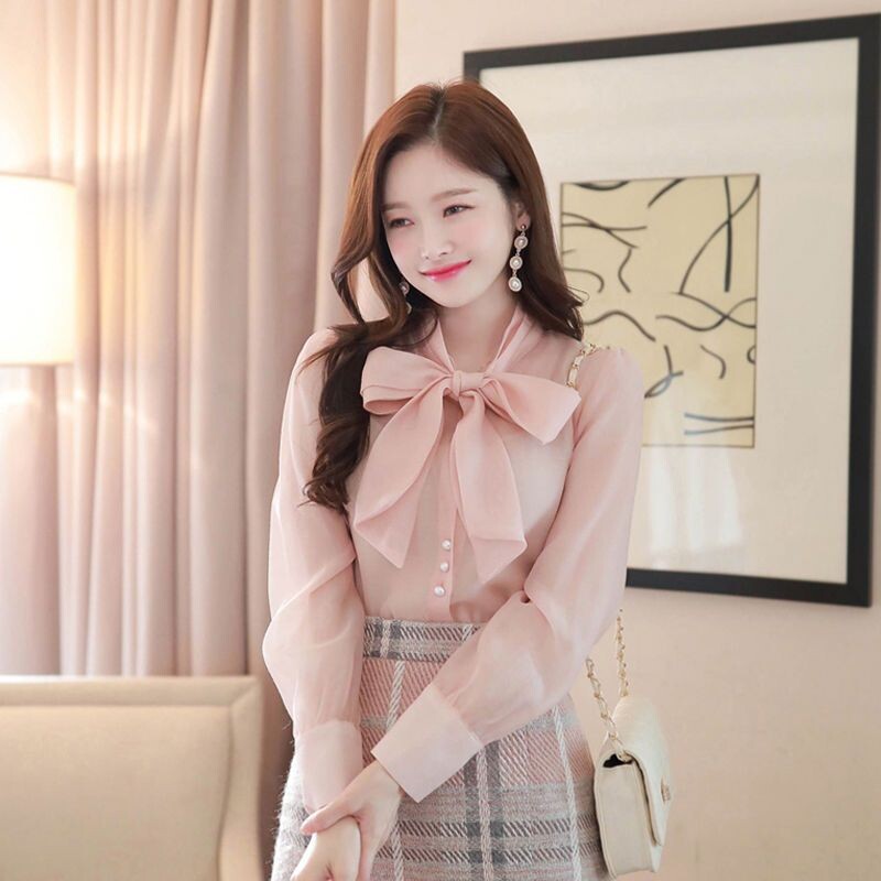 Korejiešu dāmu modes eleganti sieviešu apģērbi vienkrāsaini pavasara rudens saldie topi Brīvi šņorējami puloveri Temperamenta blūzes