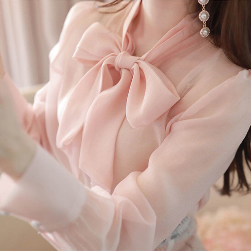 Korejiešu dāmu modes eleganti sieviešu apģērbi vienkrāsaini pavasara rudens saldie topi Brīvi šņorējami puloveri Temperamenta blūzes