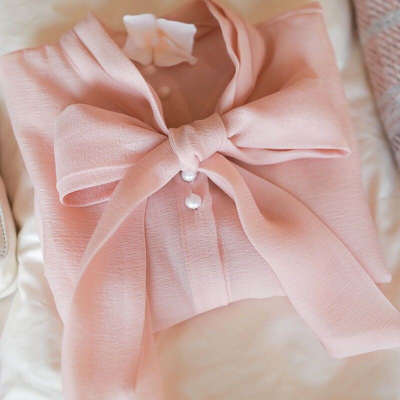 Korejiešu dāmu modes eleganti sieviešu apģērbi vienkrāsaini pavasara rudens saldie topi Brīvi šņorējami puloveri Temperamenta blūzes