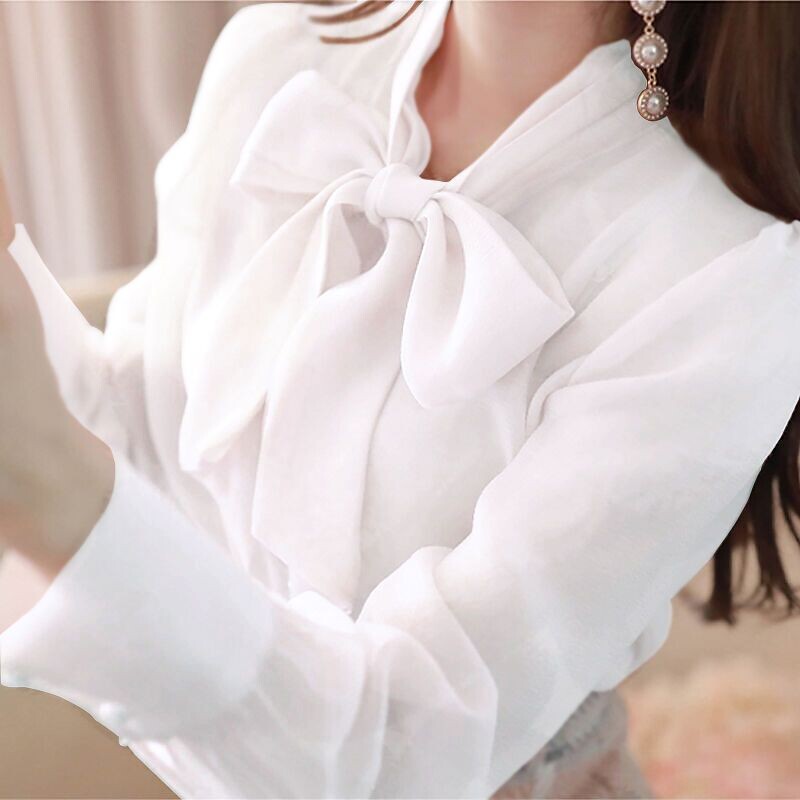 Korejiešu dāmu modes eleganti sieviešu apģērbi vienkrāsaini pavasara rudens saldie topi Brīvi šņorējami puloveri Temperamenta blūzes