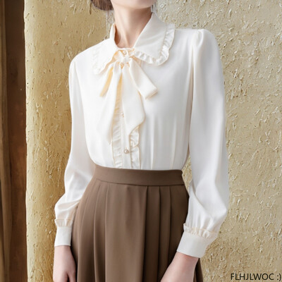 Női felsők Blúzok Hot Sales 2024 Aranyos, édes lányok Preppy stílusú tömör fűzős csokornyakkendő, hivatalos irodai női alapingek