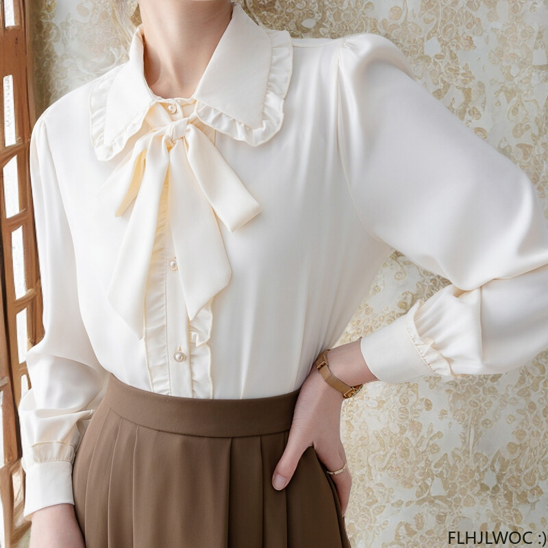 Női felsők Blúzok Hot Sales 2024 Aranyos, édes lányok Preppy stílusú tömör fűzős csokornyakkendő, hivatalos irodai női alapingek