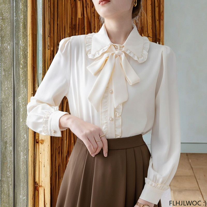 Női felsők Blúzok Hot Sales 2024 Aranyos, édes lányok Preppy stílusú tömör fűzős csokornyakkendő, hivatalos irodai női alapingek