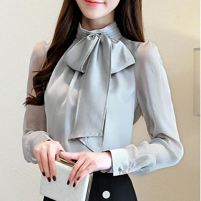 Νέα καλοκαιρινή μόδα τουνίκ γυναικεία μπλούζα 2024 μακρυμάνικο γυναικείο μπλουζάκι με γραβάτα φιόγκο σιφόν γυναικεία πουκάμισα Γυναικεία ρούχα γραφείου 0599