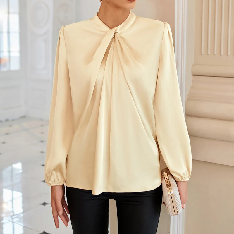 GK női csomózott nyakú felsők kényelmes, hosszú ujjú, kulcslyukú hátsó blúz Luxus vékony szabású vékony pulóver szolid divat irodai női ruhák