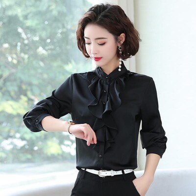 2024. gada rudens, jaunas elegantas pogas, vienkrāsainas, pusaugstas apkakles krekli Sieviešu modes volāni sieviešu apģērbi vienkāršības krekli