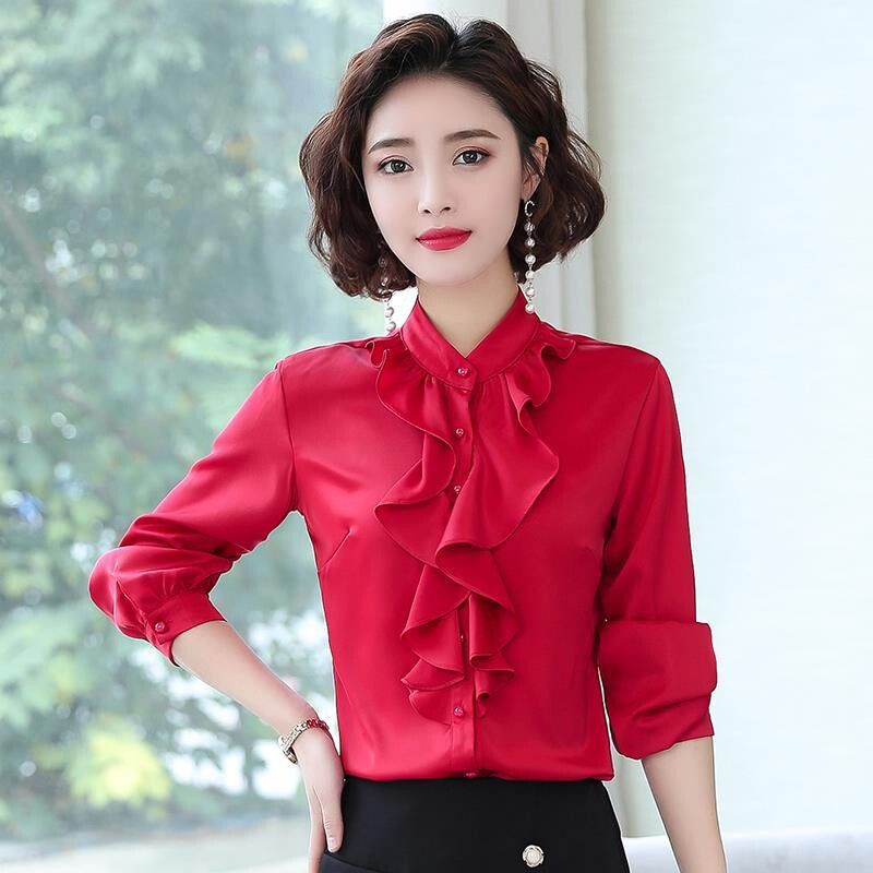 2024. gada rudens, jaunas elegantas pogas, vienkrāsainas, pusaugstas apkakles krekli Sieviešu modes volāni sieviešu apģērbi vienkāršības krekli