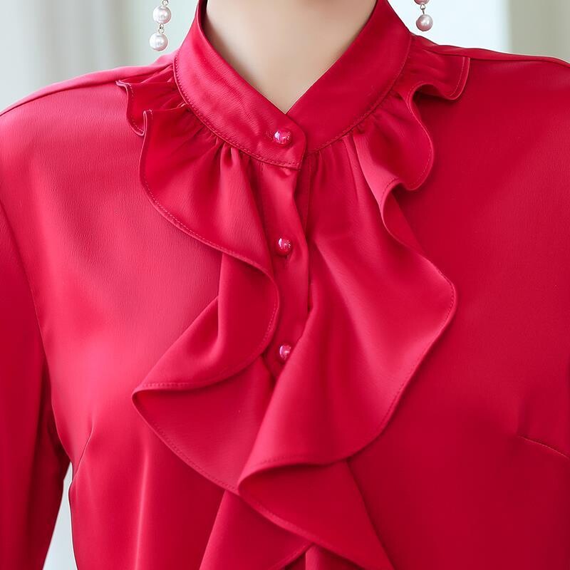 2024. gada rudens, jaunas elegantas pogas, vienkrāsainas, pusaugstas apkakles krekli Sieviešu modes volāni sieviešu apģērbi vienkāršības krekli