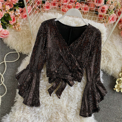 Elegáns szexi csillogó flitteres, fodros ujjú blúz Vintage, keresztben fűzős, gótikus divatos Crop felső női elegáns tavaszi póló