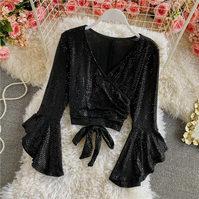 Elegáns szexi csillogó flitteres, fodros ujjú blúz Vintage, keresztben fűzős, gótikus divatos Crop felső női elegáns tavaszi póló