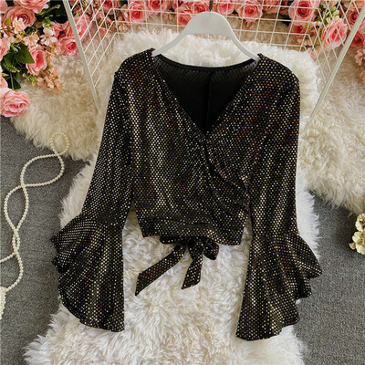 Elegáns szexi csillogó flitteres, fodros ujjú blúz Vintage, keresztben fűzős, gótikus divatos Crop felső női elegáns tavaszi póló
