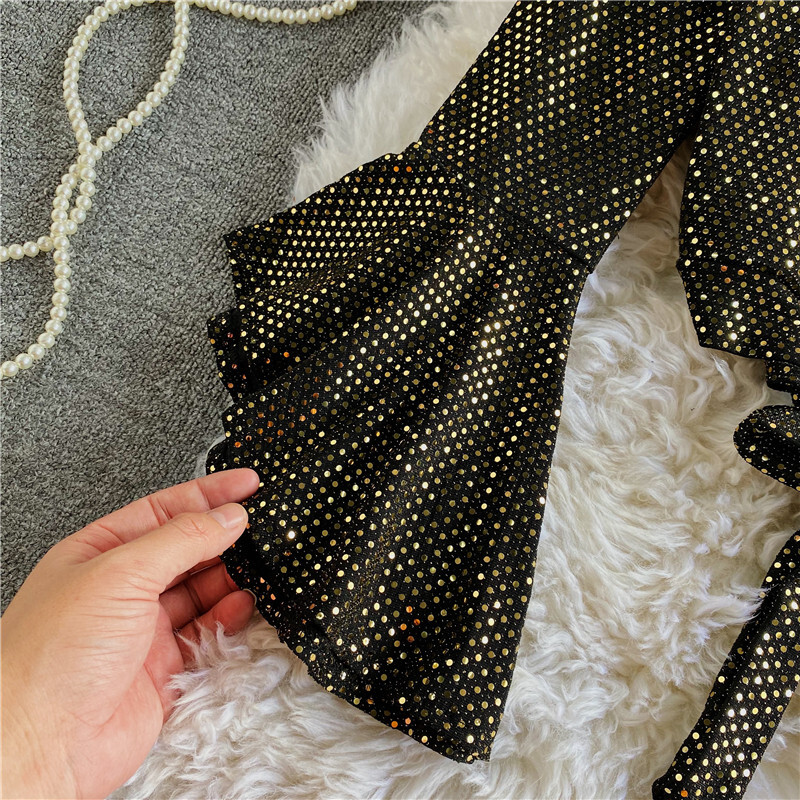 Elegáns szexi csillogó flitteres, fodros ujjú blúz Vintage, keresztben fűzős, gótikus divatos Crop felső női elegáns tavaszi póló