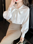 Jmprs koreai masni sifon fehér ing női alkalmi hosszú ujjú elegáns blúz őszi édes All Match design női elegáns laza felsők