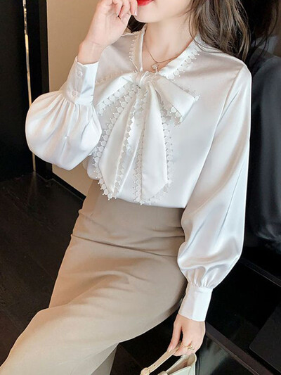 Jmprs koreai masni sifon fehér ing női alkalmi hosszú ujjú elegáns blúz őszi édes All Match design női elegáns laza felsők