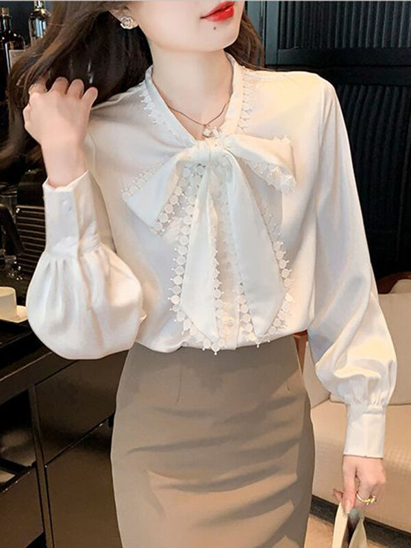 Jmprs koreai masni sifon fehér ing női alkalmi hosszú ujjú elegáns blúz őszi édes All Match design női elegáns laza felsők