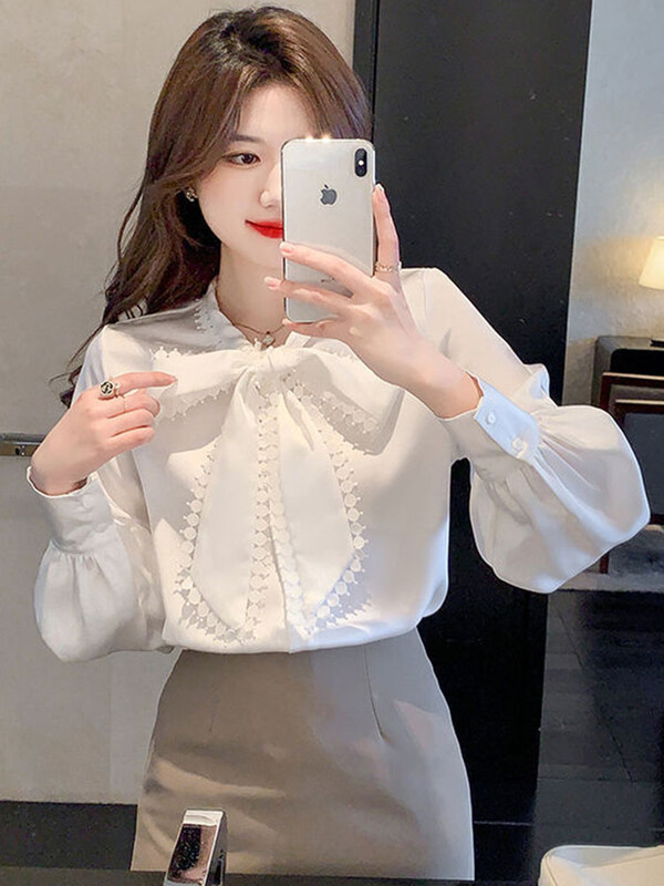 Jmprs koreai masni sifon fehér ing női alkalmi hosszú ujjú elegáns blúz őszi édes All Match design női elegáns laza felsők