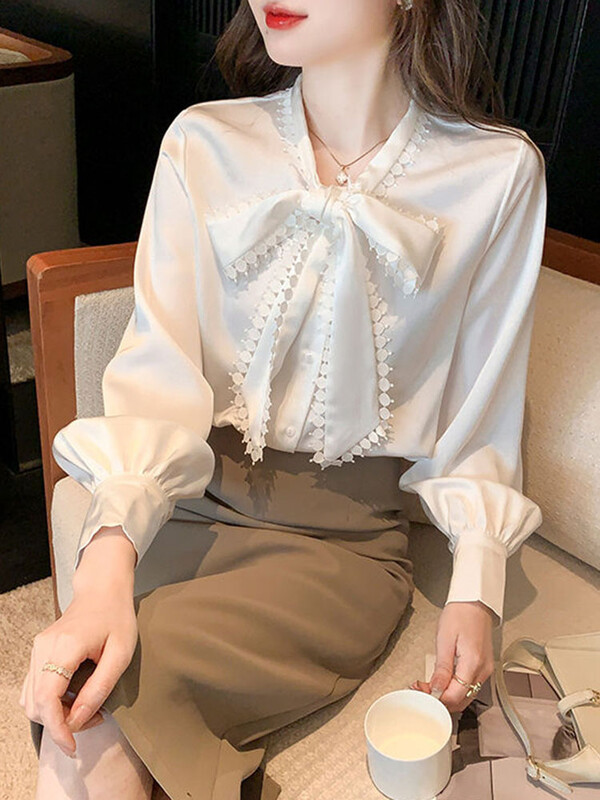 Jmprs koreai masni sifon fehér ing női alkalmi hosszú ujjú elegáns blúz őszi édes All Match design női elegáns laza felsők